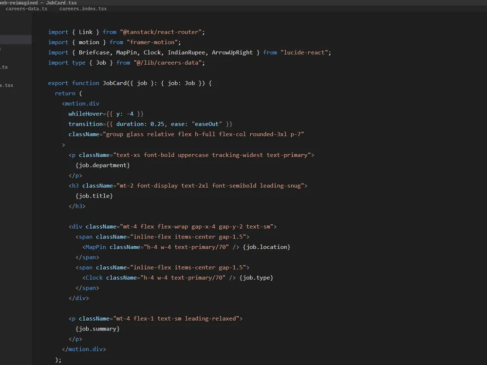 Code editor showing a real React component from the Ethixweb codebase