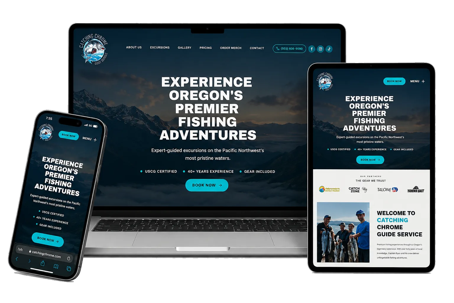 The rebuilt Catching Chrome site shown across a laptop, tablet and phone